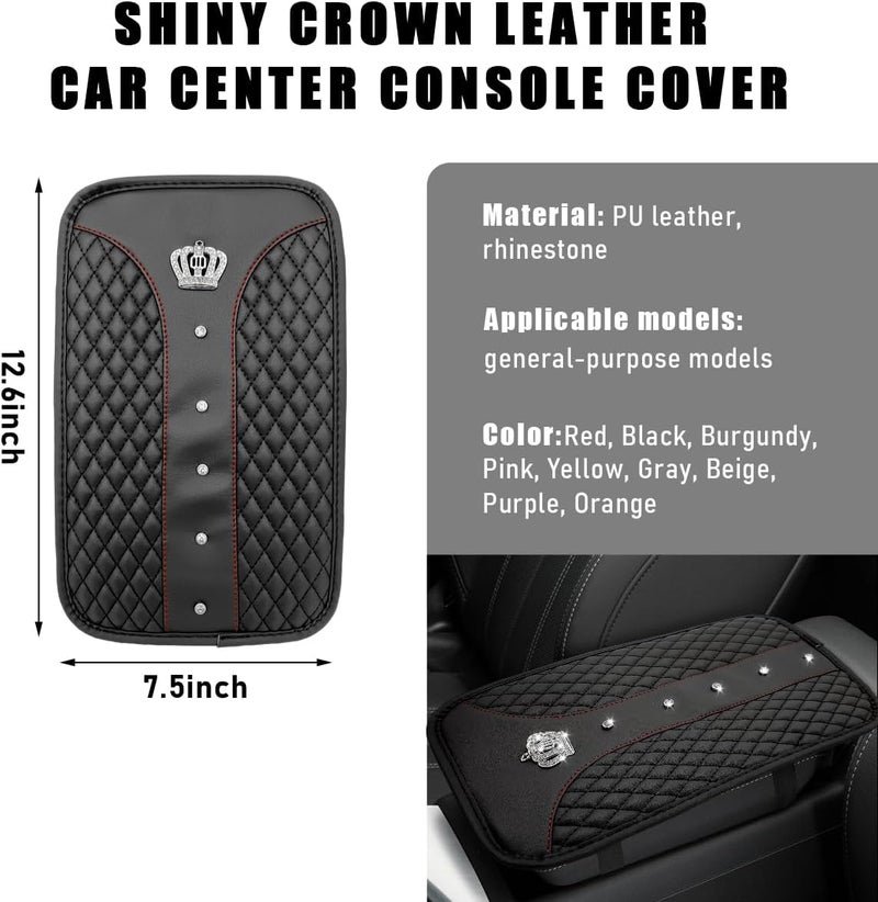 Yourkar Bling Crown Car Center Console Mats, Anti-Slip and Waterproof Crystal Car Armrest Pad Protector, Universal Rustproof Armrest Decor Cushion for Cars & SUVs, Car Accessories (Black) - Image 2